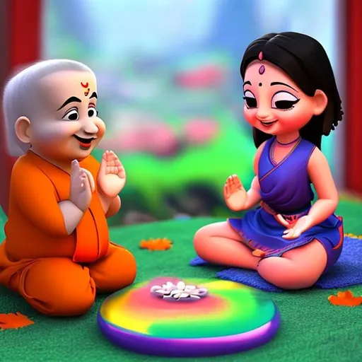 Prompt: a animated  cute pandit ji  human like sitting joining hands doing namaste ,smiling 
