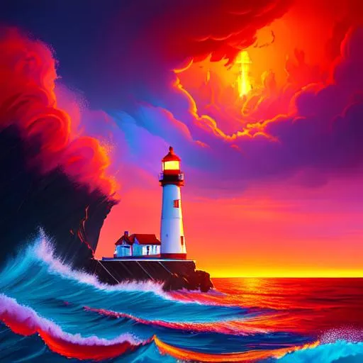 Prompt: painting of a lighthouse in the middle of a stormy ocean, anton fadeev and dan mumford, red glow in sky, “ painting, lamp, engulfed in swirling flames, award-winning painting, holding a lantern, by Martina Krupičková, by Samu Börtsök, light on top