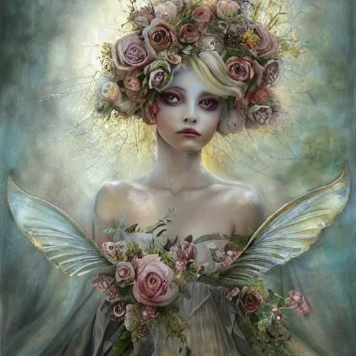 Prompt: nicoletta ceccoli, daniel merriam, fantasy art, fairy wings, renaissance gown, hyper realistic flower bouquet painting, sparkles, Beautiful roman goddess, Haute Couture, princess dress, beautiful symmetrical face, pre-raphaelite, soft shadows, stunning, dreamy, elegant, ornate, style of michael parks and jennifer healry, tom bagshaw, roberto ferri and Marco mazzoni, hyper-realistic, matte painting , enhanced, photo render, 8k, art by artgerm, wlop, loish, ilya kuvshinov, 8 k hyperrealistic, crackles, hyperdetailed, beautiful lighting, detailed background, depth of field, symmetrical face, frostbite 3 engine, cryengine, bubbles, dragonflies, garden of roses and peonies background, ultra detailed, soft lighting,Mark Ryden, Dominic Murphy artwork and Tom Bagshaw artwork, big dreamy eyes, white and pink, art by Donato Giancola and James Gurney, digital art, trending on artstation, pop surrealism, lowbrow art, realistic, hyper realism, muted colours, rococo, natalie shau, loreta lux, trevor brown style