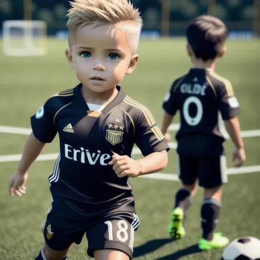 Prompt: {center shot} 3D, HD, Exciting, Gritty, Stunning, {male}Toddler!!! {facing camera} dressed as {Soccer Player}, Soccer Field background, ultra-detailed, backlit, glamour, glimmer, shadows, unreal engine 5, ultra-sharp focus, detail, ominous, golden ratio, intricate, cinematic character render, 64K --s98500