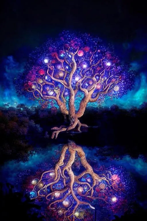 Prompt: Enlightenment tree. Bioluminescent. By Jacek yerka, Alex Alemany,  Jessica rossier, Michael Whelan, Renoir, Megan duncanson. Best quality, highly detailed. 3d.