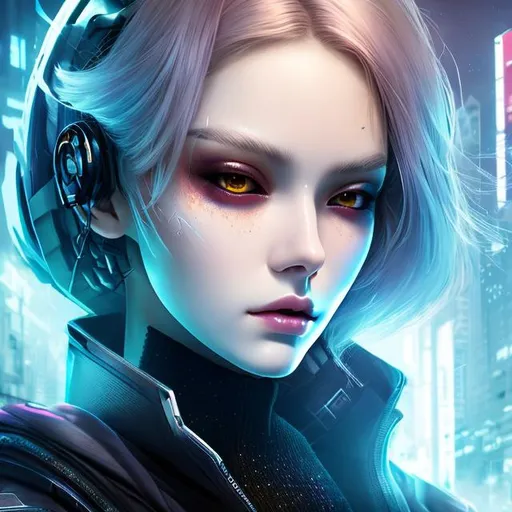 Prompt: cyber punk. mysterious. insanely beautiful. perfect anatomy. symmetrically perfect face. beautiful long black. beautiful amber eyes. hyper realistic. super detailed. soft colours. no extra limbs or hands or fingers or legs or arms. standing on the street. pale skin. smooth texture. realism. smoke effects. full body. 