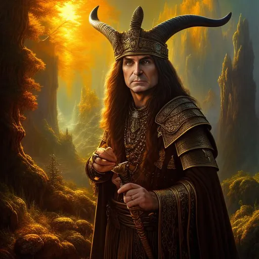 Prompt: Full body splash art, fantasy art, digital painting, D&D, sharp focus, hyper-realistic. Ozzy Osbourne as a Celtic warrior, goat horns, smoking a pipe, sunglasses. luminous forest, sunset. by Rembrandt, by Clyde Caldwell.