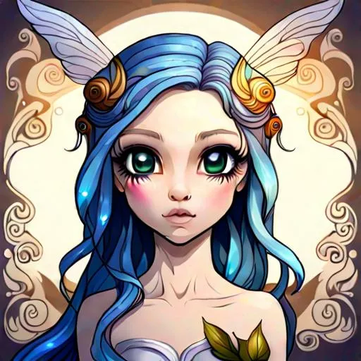 Prompt: Gorgeous intricate Fairy portrait with big eyes like Jasmine Becket Griffith, fantasy, horse, digital art, white horse, fairy, wings, rendered, artstation trending, Majestic white horse Stunning, intricate details