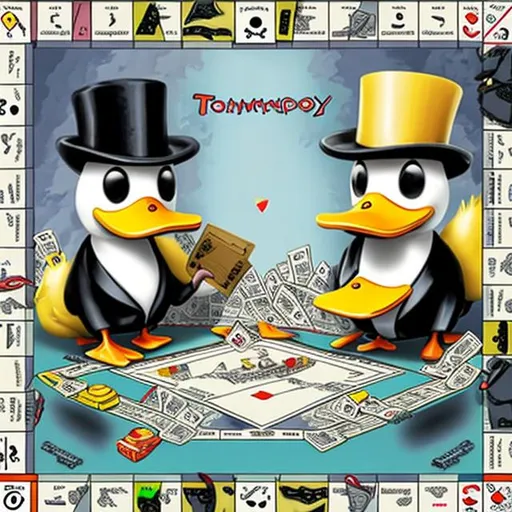 Prompt: ducks wearing tophats playing monopoly card game