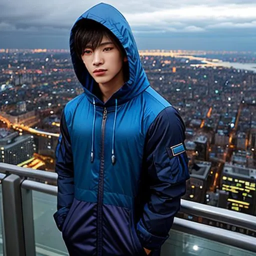 Prompt: A gay looking down from a high building to a live city at night, wearing blue and black Hood, Dark and cloudy weather, his Chen appears, the view is behind his shoulder, realistic, reality image