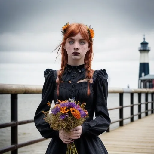 Prompt: <mymodel> Gothic styled young girl with freckles, holding a bunch of wildflowers. Bright blue eyes. copper colored hair. wearing a Gothic dress. Walking on the UK Southwold pier. Midday. Clear sky.  Vivid color saturation. dramatic light, dreamlike light, photorealism, ultra detail, 100mm, f 1.2 --ar 6:9 --testp --style raw