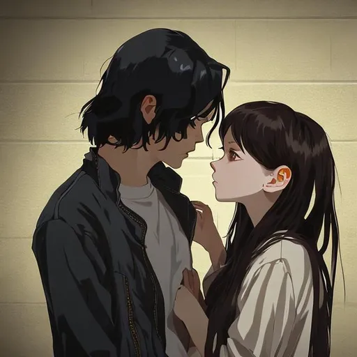 Prompt: Close up, young man black hair standing over a short brunette girl, against a wall, dimly lit anime style
