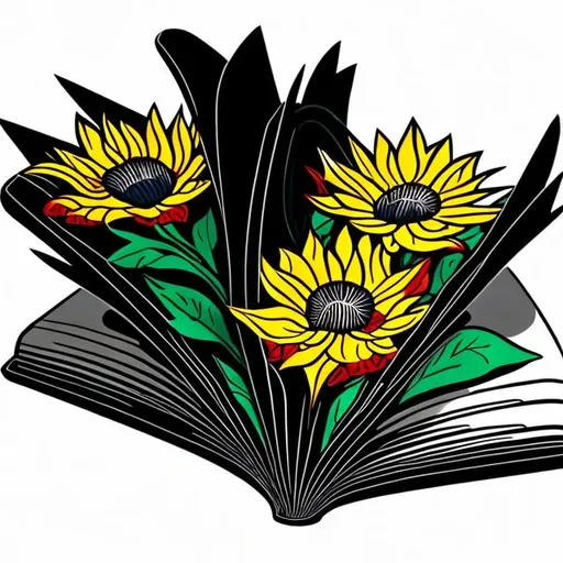 Prompt: black flowers coming out of an open book in a roy Liechtenstein style, vivid colors