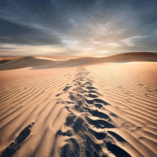 Prompt: footprints in the sand, dunes in the background, dark blue sky, photorealistic