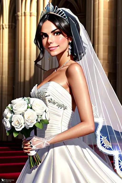 Prompt: Victoria Justice | Wedding Dress | veil, Average Body, Happy face, church background, bridal bouquet, ultra-fine details, ambient lighting, soft glow, elegant, symmetrical facial features, accurate anatomy, anatomically correct Girl, sharp focus, fantasy cgi still, Artgerm, taken on nikon d750, scenic, gossamer, iridescent, ethereal, ultra realistic, sharp details, subsurface scattering, intricate details, warm lighting, beautiful features, highly detailed, photorealistic, octane render