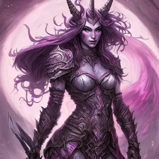 Prompt: high fantasy artwork + beautiful pink anthropopathic unicorn woman warrior + furry