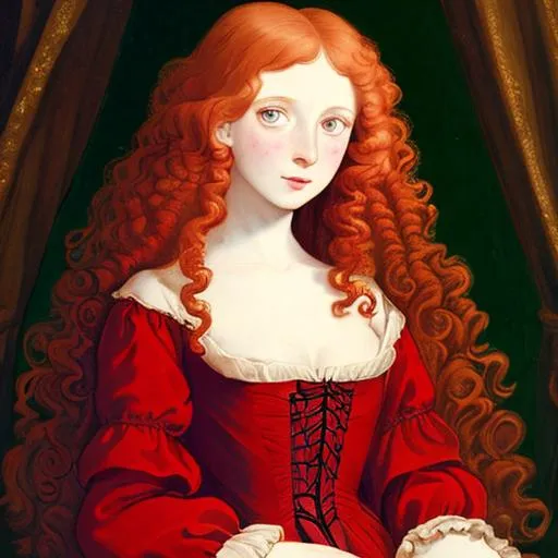 Prompt: Young woman in 18th century,red curly long hair with amber eyes, pale skin, with freckes
Dressed with 1760 gown