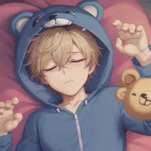 A innocent tired boy with a cue bear onesie, fnaf