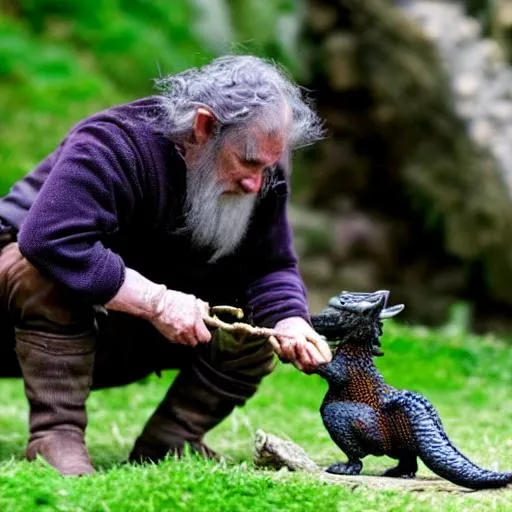 Prompt: The elderly Hobbit farmer, Bilbo Baggins feeds his small newt-like dragon some food. black and purple newt, beardless hobbit, no beard,