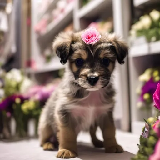 Prompt: A cute little puppy in a boutique of flowers looking at the camera 