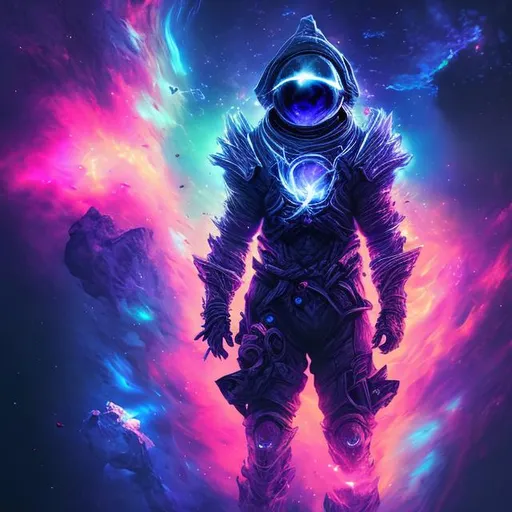 Prompt: astralvoid knight, in space, colorful, vibrant colors, fire, man, dark mood,Black hole