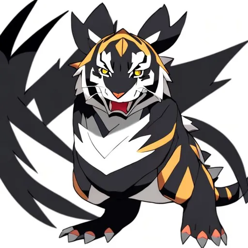 Prompt: a pokemon based off a tiger with shadow powers and soul powers and dragon wings also mostly black and white
