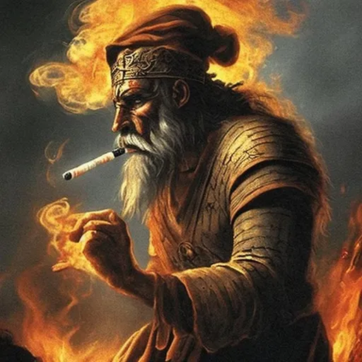 Prompt: The greatest warrior in the history is smoking a cigarette in hell. Tall and muscular, black beard 