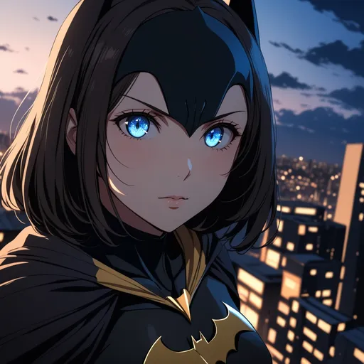 Prompt: anime, 1girl, wearing batman suit, on rooftop, from below, A-1 Pictures style, beautiful face, 8K, (dynamic perspective), sharp focus, extremely detailed eyes and face, beautiful detailed eyes, cinematic lighting, ((masterpiece, best quality))