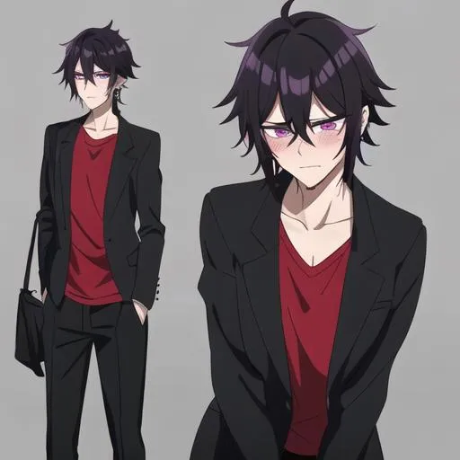 Prompt: Male young adult, 19, (Short black messy hair falling between the eyes, sharp and tired purple eyes, and a feminine body), red shirt untucked, black pants, sloppily dressed,  Black piercings, highly detailed face, 8K, Insane detail, best quality, UHD, highschooler, handsome, flirty, blushing, shy, unkempt apperance, wrinkled clothes