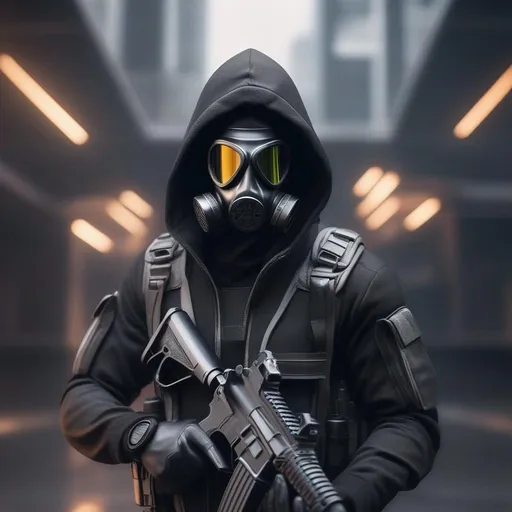 Prompt: Male agent with a gas mask, black and grey cyberpunk outfit with a hood, with one pistol, Hyperrealistic, sharp focus, Professional, UHD, HDR, 8K, Render, electronic, dramatic, vivid, pressure, stress, nervous vibe, loud, tension, traumatic, dark, cataclysmic, violent, Epic