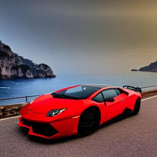 Prompt: Hyperraelistic lamborghini sto red black on amalfi at night view at the sea unreal engine