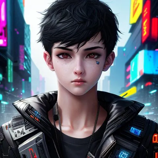 Prompt: teenager, boy, hyper realistic, 8K, cyberpunk, black hair