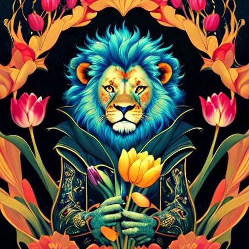 Prompt: a supercute lion holding a tulip", hyperdetailed :: by Victo Ngai, Alejandro Burdisio, Alberto Seveso, Joe Fenton :: beautiful hyper-detailed artwork, deep warm and cool neon colors, black background, clean lines, calming floral design