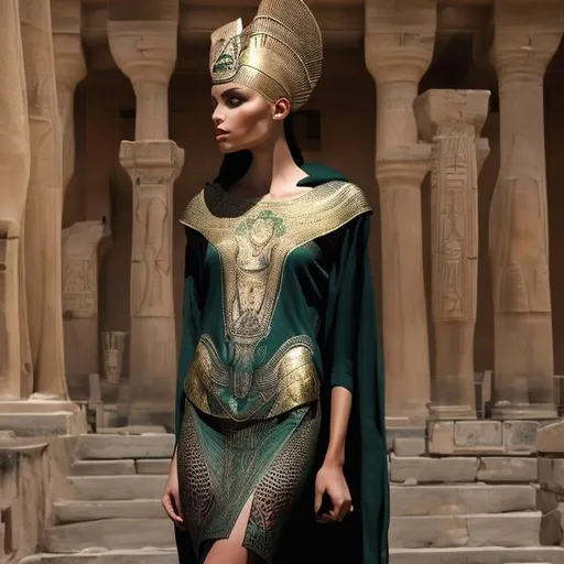 Prompt: Agreen pharaonic women's dress with golden pharaonic drawings inspired by modern elegance