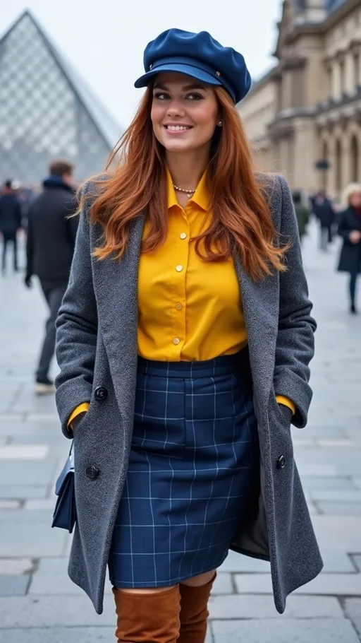 Prompt: (Stunning olive-skin French woman), walking on a (crisp winter day) in (Paris), with (The Louvre Pyramid) in the background, showcasing her elegant charm and beauty, warm friendly smile, (silky auburn-cinnamon hair), wearing a chic (blue French beret), fashionable outfit with a (blue & yellow tweed coat), bright (yellow blouse), stylish (blue plaid above the knee skirt), and (tall brown suede boots), navy purse, featuring curvy figure, captured in (photorealistic 8k), emphasizing (high detail & quality). The ambiance is (charming) and (elegant).