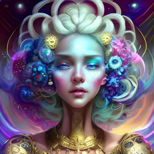 Prompt: beautiful cute girl with cosmic hairstyle. Her Hair is made of white puff glowing clouds in a updo held by glowing shooting stars, planets and the moon. dramatic lighting coming from the planets, aesthetic, inspiring, creative, hyperdetailed, rim lighting, art by artgerm , Anna dittmann, Greg rutkowaski, Tom Bagshaw, WLOP, digital art, smooth, aesthetic, glow, shimmer