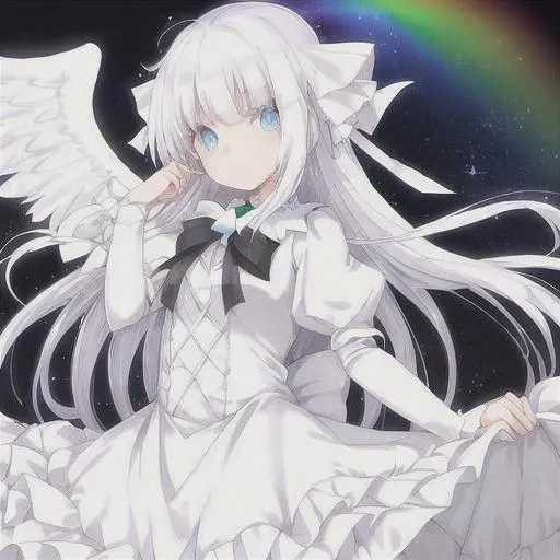 Prompt: white haired girl with beautiful eyes
white dress with hints of rainbow
angel wings with hints of rainbow soft mist