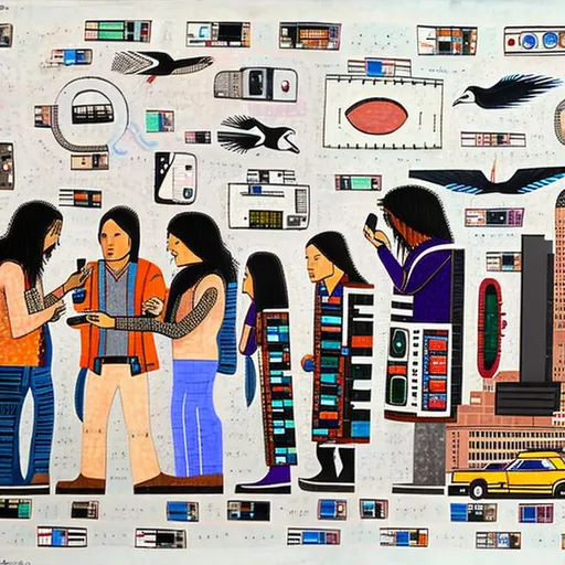 Prompt: Ledger art of Native Americans using cell phones and computers in a big city, highly detailed, highly decorated, masterpiece