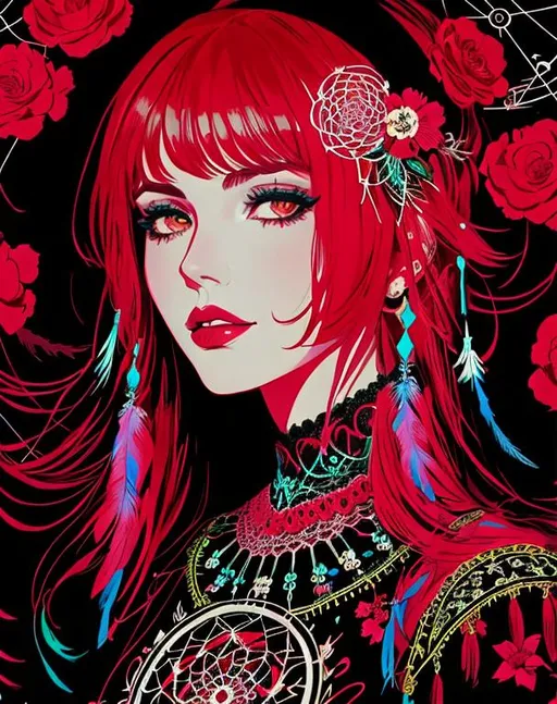 Prompt: many beautiful calavera, Conrad Roset, iridescent, dream catcher, in the background scarlet begonias, precise lineart, vibrant, 8k resolution, minimalist illustration, concept art, realistic, artstation, vintage show promotional poster