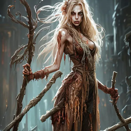 Prompt: Full body splash art of a female zombie, thin and emaciated, slightly decayed, long dirty blonde/brown hair, wearing long iridescent robes, carrying a wooden staff, D&D, fantasy, highly detailed, sharp focus, digital painting, artstation, 4k, 8k