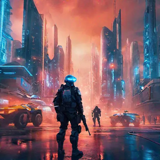Prompt: Armoured, Civil Protection, Futuristic, Gas-mask, standing in a futuristic neon city, glowing blue eyes, Riot gear