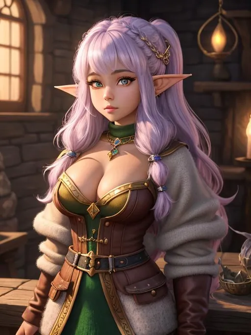 Prompt: oil painting, D&D fantasy, {16 years old}, gnome girl, light skinned female (short height), {COLOSALLY BREASTED}, beautiful face, very cute, {CRYSTAL HAIR}, {jewel-like hair}, pointed ears, looking at the viewer, {wearing WOOLEN SWEATER}, UHD, hd , 8k eyes, detailed face, big blue anime eyes, 8k eyes, {bright blue eyes}, {wide thick feminine lips}, straight nose, high cheekbones, long eyelashesintricate details, insanely detailed, masterpiece, cinematic lighting, 8k, complementary colors, golden ratio, octane render, volumetric lighting, unreal 5, artwork, concept art, cover, top model, light on hair, colorful glamourous hyperdetailed medieval city background, ultra-fine details, hyper-focused, deep colors, dramatic lighting, ambient lighting god rays, flowers, garden | by sakimi chan, artgerm, wlop, pixiv, tumblr, instagram, deviantart