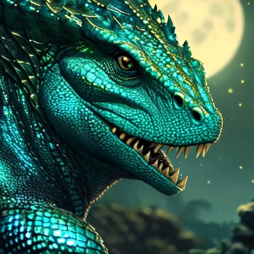 Prompt: closeup portrait lizardman lancer, holding metal walking lance, hand glowing teal background is swamp, low detail crowd, night, lantern light coming from the sides of frame, starry sky, full moon, cobblestone street UHD, 8K, realistic, oil painting, style of Greg Rutkowsky, 3D lighting, thoughtful mood, portrait, 