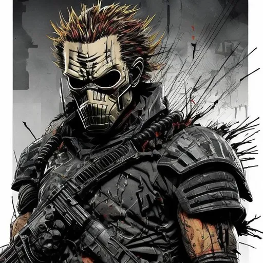 Prompt: Gritty Todd McFarlane style All Might, all black camo. Full body. Imperfect, Gritty, futuristic army-trained villain. full face mask. Bloody. Hurt. Damaged. Accurate. realistic. evil eyes. Slow exposure. Detailed. Dirty. Dark and gritty. Post-apocalyptic Neo Tokyo .Futuristic. Shadows. Sinister. Armed. Fanatic. Intense. 