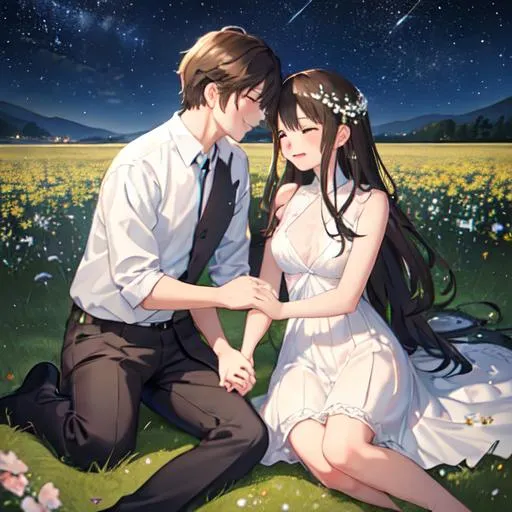 Prompt: Imagine a beautiful scene where a couple is sitting together under a starry night sky. They are surrounded by nature, perhaps sitting on a grassy hill or by a serene lake. The stars twinkle brightly overhead, symbolizing the depth of their love. The couple is holding hands, looking into each other's eyes with a smile, showcasing the connection and happiness they share.