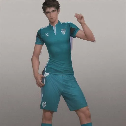 Prompt: A male soccerplayer, full body, standing, Posing for the camera, turqoise shirt, bal at his feet, photorealistic