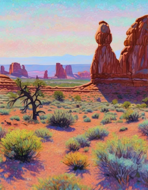 Prompt: A portrait painting of Arches National Park, in the pointillism style of Claude Monet, with soft pastel colors.