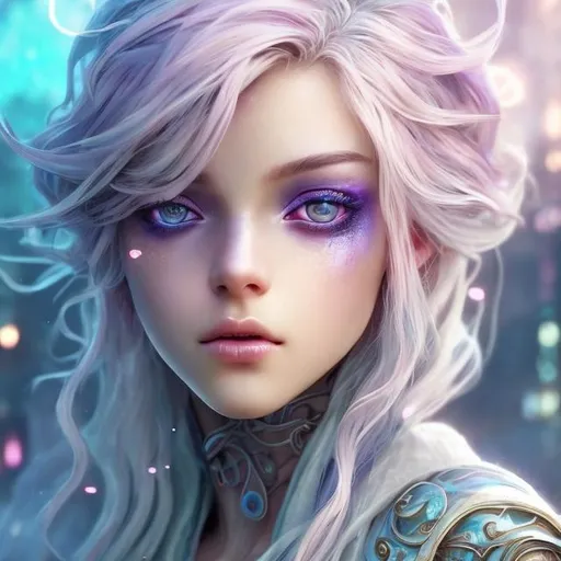 Prompt: New fantasy character. Stunning. Mesmerizing . Pheromones. Innocent. Naive. Alluring. Young woman. beauty. Interesting eye makeup. Pastel colored hair. Incredibly gorgeous. Sweet. Very Futuristic clothes. Realistic. Gritty. Detailed. Medium close-up. fantasy background