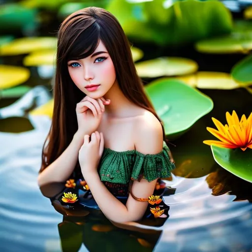 Prompt: Attractive human girl long brown  hair freckles video game character high quality realistic, detailed 4K 3-D flat chest sitting on a lily pad floating in water realistic feet and hands full lips flowers in hair mexican