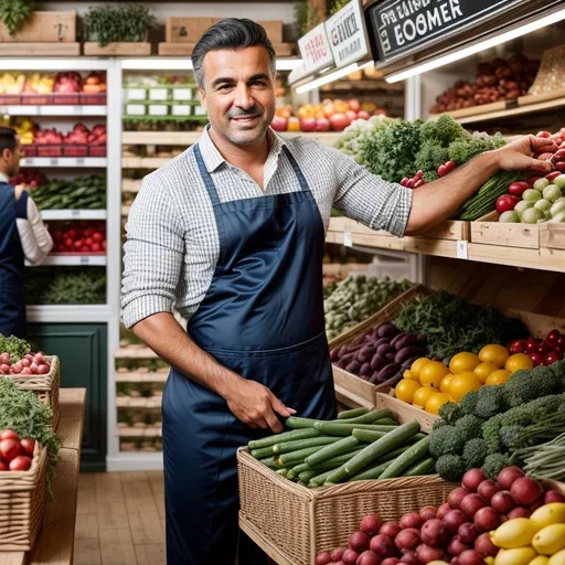 Prompt: European store owner of a greengrocer who is busy in his shop, modern style, modern architecture, photorealistic, cinematic, urban, stylish, glamour