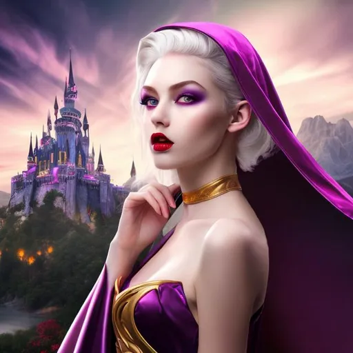 Prompt: professional modeling photo live action human woman hd hyper realistic beautiful evil woman white hair pale skin purple eyes red lips beautiful face light purple dress with cape and gold crown evil magic castle landscape hd background with live action poison apple magic mirror