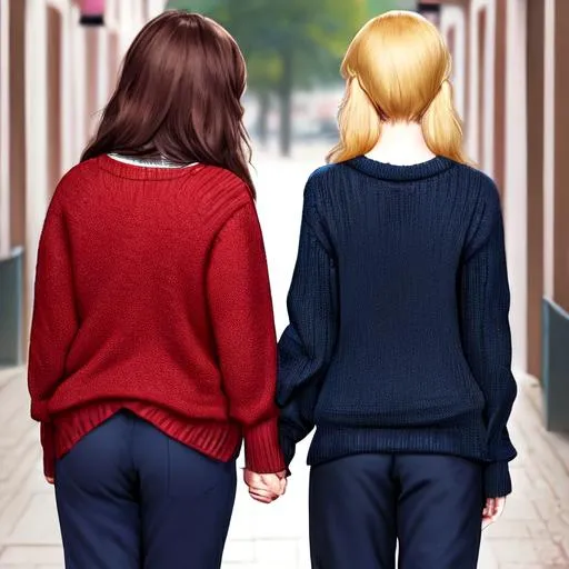 Prompt: two gurls holding hands, one is blonde 18 years old (wears a dark red sweater and a dark blue pants) and the other girl is brown hair brunette 29 years old (light biolet sweater and a black wide pants), professional light, romantic mood, blue eyes, hyper realistic faces, side parted hair, from the back, satte farben, happiness, romantic, background a n9ght sky dark blue and a restaurant