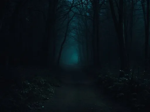 Prompt: Way in dark forest by night eerie atmosphere