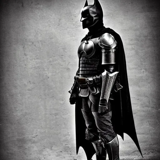 Prompt: batman, medieval, fantasy, dark fantasy, knight, warrior, night time, long sword, armor, battle, dark souls, hero, soldier, veteran, heavy armor, samurai, gothic theme, rogue, mask, helmet, knight helmet, crusader helmet, heavy helmet